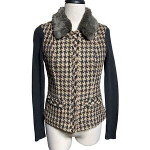 CAbi Grey Houndstooth Sweater Jacket Faux Fur Collar Size 2